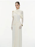 Apricot Spliced Mesh Folds Shawl Design Long Dresses For Women Sleeveless High Waist Temperament Maxi Dress Female 2026