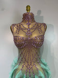 Sparkly Rhinestone Sleeveless Mesh Ruffled See Through Long Dress Sexy Evening Birthday Party Nightclub Bar Singer Stage Costume