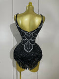 Sparkly Silver Rhinestones Pearl Tassels Bodysuit 2025 New Women Sexy Eveing Birthday Party Nightclub Stage Performance Costume