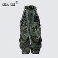 Plus Size Skull Cross Women's Jeans Trousers Denim Pants American Retro Vibe Wide-legged Dragging Oversized Baggy Pants