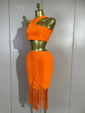 Elegant Celebrity Evening Club Party Prom Luxury Birthday Dress Women Sexy Top Short Tassel Skirt Orange Bandage Two Pices Set