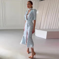 Deep V Neck Printed Ribbon Dress  Elegant Women Lace Patchwork Button Waist Cinching High Split Dress Lady Party Vestidos