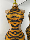 Sparkly Crystal Tiger Stripe Print Women Sexy Sleeveless Stretch Hollow Out Jumpsuit Nightclub Stage Performance Dance Costume