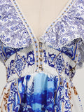 Fashionable Retro Printed Short Dresses for Women Deep Neck Ruffles Sleeve High Waist Patchwork Puff Dress Female Clothing