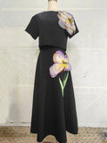 Summer Splicing Flowers Two Piece Sets For Women Short Sleeve Tops High Waist A Line Skirt Slim Set Female Fashion New