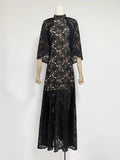 2026 New Banquet Evening Party Standing Collar Shawl Elegant Slimming Yellow Lace Dress Fashion Long Dress for Women