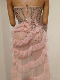 Sparkly Diamond Strapless Mesh Ruffled Pink Long Dress Birthday Evening Party PhotoShoot See Through Bar Nightclub Stage Costume