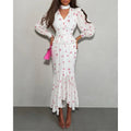 White Pink Floral Choker Neck Dress Women Elegant V-neck 3/4 Sleeves Peplum Ruffle Hem Long Dresses 2026 Lady Daily Vestidos New