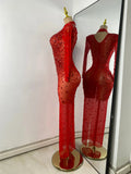 Sparkly Rhinestone Women Sexy Mesh See Through Floor Length Long Sleeve Birthday Dress Party Nightclub Stage Wear