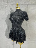 Lady Fish scales shell sequins Scale Sequin Bodysuit HighNeck Short Sleeve Ruffle Skirt Costume For Women Nightclub Stage Wear