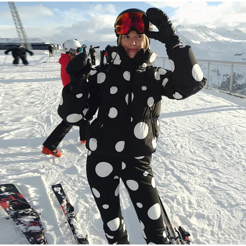 Women Leopard Print Hooded Ski Suit Set Waterproof Windproof Snow Jacket Pants Two Piece Outfit Winter Snowboard Skiing Costume