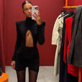 Lady Black Hollow Out Mini Dress Women's Long Sleeve Sexy High Collar Slim A-line Dresses 2025 Evening Party Club Gowns Autumn