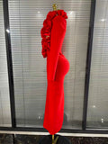 Red Color Women Long Sleeve Sexy V-Neck Florals Golden Sequined Bodycon Long Bandage Dress Winter Celebrate Evening Outfit