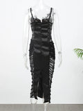 Black Satin Lace Cutout Mini Dress Camisole Deep V Corset Buckle Bodycon Gown 2026 Summer New Nightclub Dating Party Streetwear