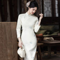 White Embroidery Thickened Chinese Style Long Sleeved Cheongsam Women's Retro Slim Fit Autumn and Winter Qipao Dress