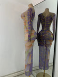 Sexy Colorful Printed Party Dress For Women Long Sleeve Mesh Rhinestones Evening Birthday Celebrity Gala Gown