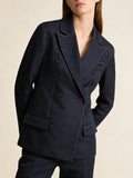 Navy Business Meetings Women's White Topstitch Trim Blazers Double Breasted Design Lapel Blazer for Office Commute