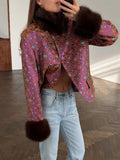 Women's Vintage Floral Print Faux Fur Patchwork Jacket Fashion Single Breasted Long Sleeved Coat Autumn Street Daily Wear 2026