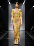 2026 New Crystal Tassel See Through Mesh Stretch Long Dress Sexy Banquet Dance Party Irregular Dress
