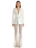 Elegant Beaded pearls blazer pants set Suits women flower white slim blazer +Sexy Mesh See Through sequin Trousers two-piece set