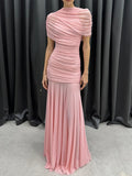 Luxury Galas Event Black Sheer Mesh Ruched Maxi Dress for Women O Neck Short Sleeves Bodycon Silhouette Skirt for Red Carpet