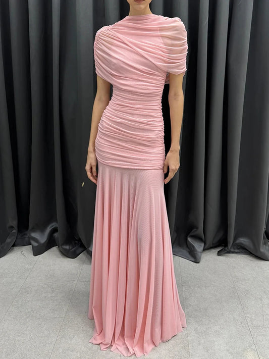 Luxury Galas Event Black Sheer Mesh Ruched Maxi Dress for Women O Neck Short Sleeves Bodycon Silhouette Skirt for Red Carpet