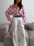 American Streetwear Pink Plaid Shirt for Women Lapel Removable Designer Long Sleeve Casual Shirts Female Fashion