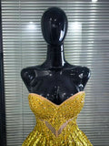 Luxury Sparkly Sequins Diamonds Mesh Gold Short Skirt Birthday Dress Women Sexy Dance Performance Costume Singer Stage Outfit