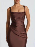 Sexy Satin Evening Long Dresses for Women Square Collar Sleeveless High Waist Folds Slimming Bodycon Dress Female