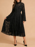 Elegant Vintage Green Lace Midi Dress for Women High Neck Sheert Flare Sleeve Belted Waist Desgin for Luxury Dinners Party