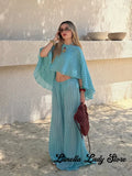 Light Turquoise Striped Batwing Crop Top Drawstring Loose Wide Pants Women Seaside Resort Casual 2 Piece Matching Party Set 2026