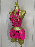 Sexy Evening Party Nightclub Performance Costume Women Birthday Mesh See-Through Pin Decoration Chain Short Dress Two-Piece Set