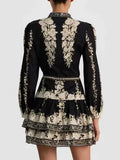Vintage Indie Folk Style Print Dress for Women V Neck Three Quater Sleeves Patchwork Hollow Out Tiered Dresses Female New