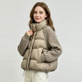 Women Cropped Puffer Jacket Stand Collar Cable Knit Sleeves Patchwork Zip Up Lightweight 2026 Lady Quilted Winter Warm Outerwear