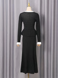 Hit Color Two Piece Set for Women O Neck Long Sleeve Patchwork Ruffles Hem Coat Long Skirt Office Lady Outfits Female New