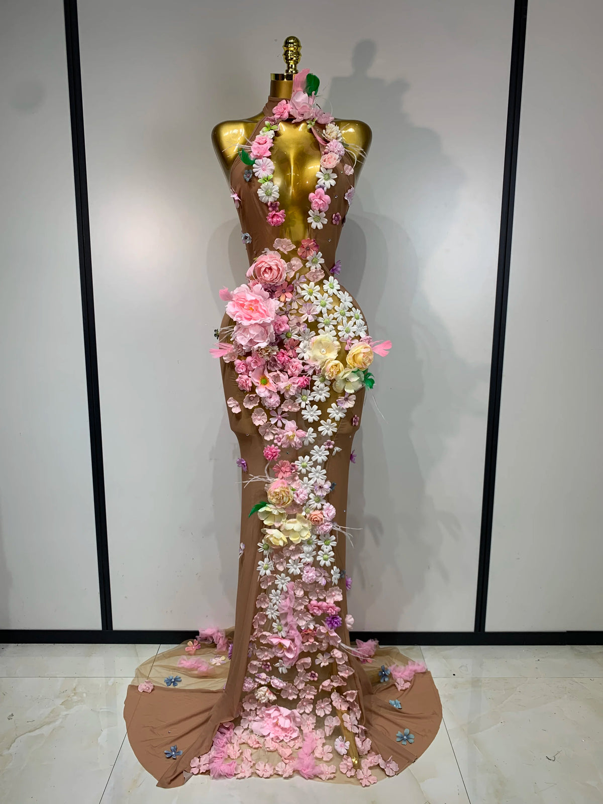 Luxury 3D Flower Sexy Halter Mesh See Through Maxi Long Dress Women Evening Party Birthday Photoshoot Club Stage Wear