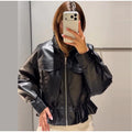 Fashion Women's Drawstring Short Leather Jacket Stand Collar Long Sleeve Ruffle Zipper Female Coat 2026 Autumn Lady Chic Jackets