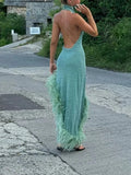 Solid Slim Backless Dresses For Women Round Neck Sleeveless High Waist Spliced Feather Irregular Dress Female New