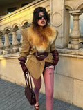 Camel Plaid Wool Blend Blazer Women Belted Waist Faux Fur Collar Vintage Shoulder Pads Coats Elegant Winter Outerwear Jackets