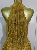Shiny Rhinestone Tassel Gold Mini Dress Women Elegant Prom Gown Evening Party Sexy Nightclub Birthday Photoshoot Stage Costumes