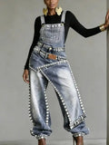 Women Denim Jumpsuit Sleeveless High Waist Baggy Rhinestone Irregular Patchwork Streetwear Party Summer