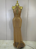 Sexy Halter Sparkly Diamonds Golden Mesh Sequins Maxi Long Dress Women Elegant Evening Party Birthday Luxury Wedding Guest Gown