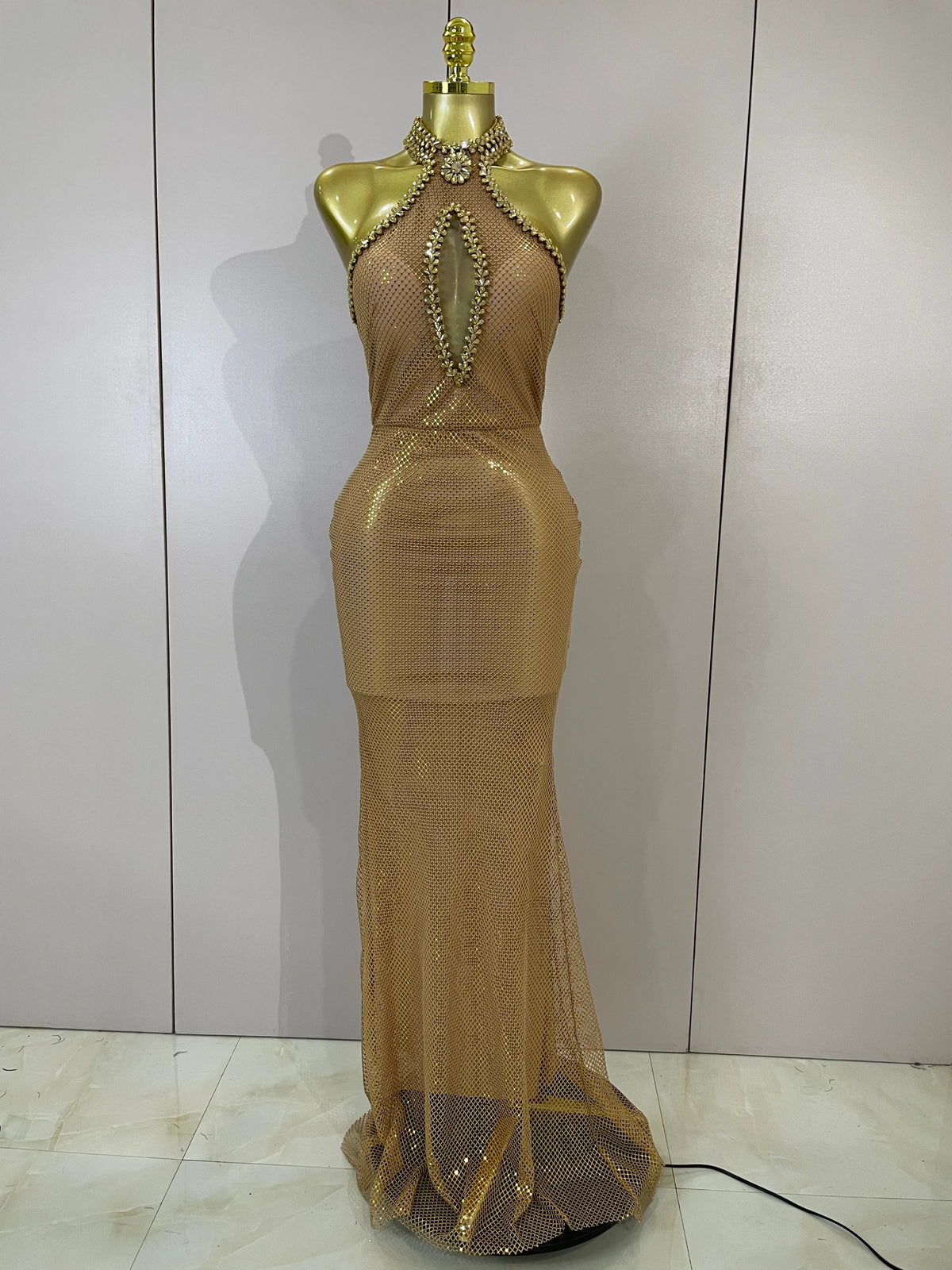 Sexy Halter Sparkly Diamonds Golden Mesh Sequins Maxi Long Dress Women Elegant Evening Party Birthday Luxury Wedding Guest Gown