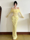 Slash Neck Dress Women Chic Elegant Sexy 2025 Patchwork Mesh Ruched Hollow Birthday Party Clubwear  Vacation Vestidos