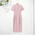 Elegant Solid Buttons Long Dress Women Waist Cinched Shoulder Pads High Collar Slit Dresses 2026 Spring Summer Lady Party Robes