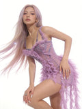 Sexy Mesh Ruffled See-Through Mini Dress Women Evening Prom Sparkly Rhinestones Birthday Party Photoshoot Nightclub Stage Wear