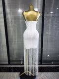 4 Colors Women Sexy Strap Shining Beading Long Tassles Bodycon Long Bandage Dress Elegant Evening Party Celebrate Birthday Wear