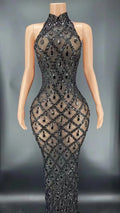 Flashing Silver Rhinestone Crystals Fringes Transparent Short Dress Birthday Celebrate Costume Evening Dancer Dress