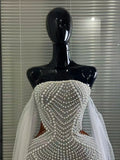 Luxury White Pearl Long Dress Wedding Birthday Drag Queen Photoshoot Dress Women Backless Mesh Sexy Dress Singer Stage Wear