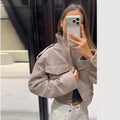 Vintage Waist Cinched Women's Suede Jacket Stand Collar Long Sleeve Single Breasted MilitaryJackets 2026 Autumn Lady Chic Coats